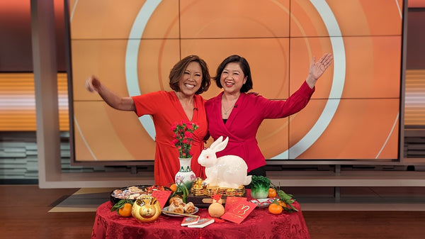News anchor Cindy Hsu with Pearl River President Joanne Kwong at CBS studios