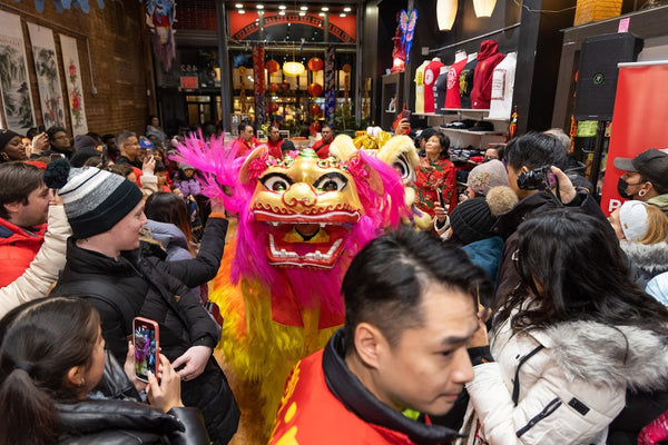 Lion dancer in a crowd at the Pearl River Mart soho location