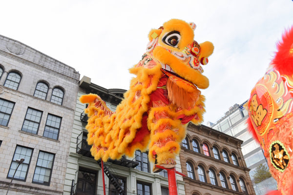 Lion dancer on pole in front of NYC building
