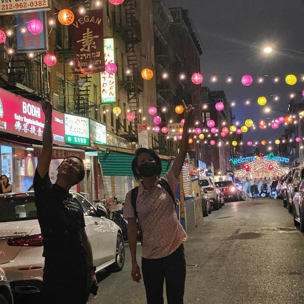 Patrick Mock and Jenny Lam Low with lanterns in Chinatown