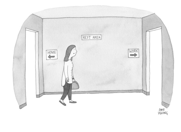 Cartoon of a working mom going back and forth between a rest area and work