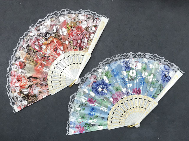 Printed Floral Fabric Fan 9 With Lace Trim - 