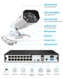 16 Channel 4K POE Security Camera System, Color Night Vision, Light & Siren Alarm,16 Cameras,C182