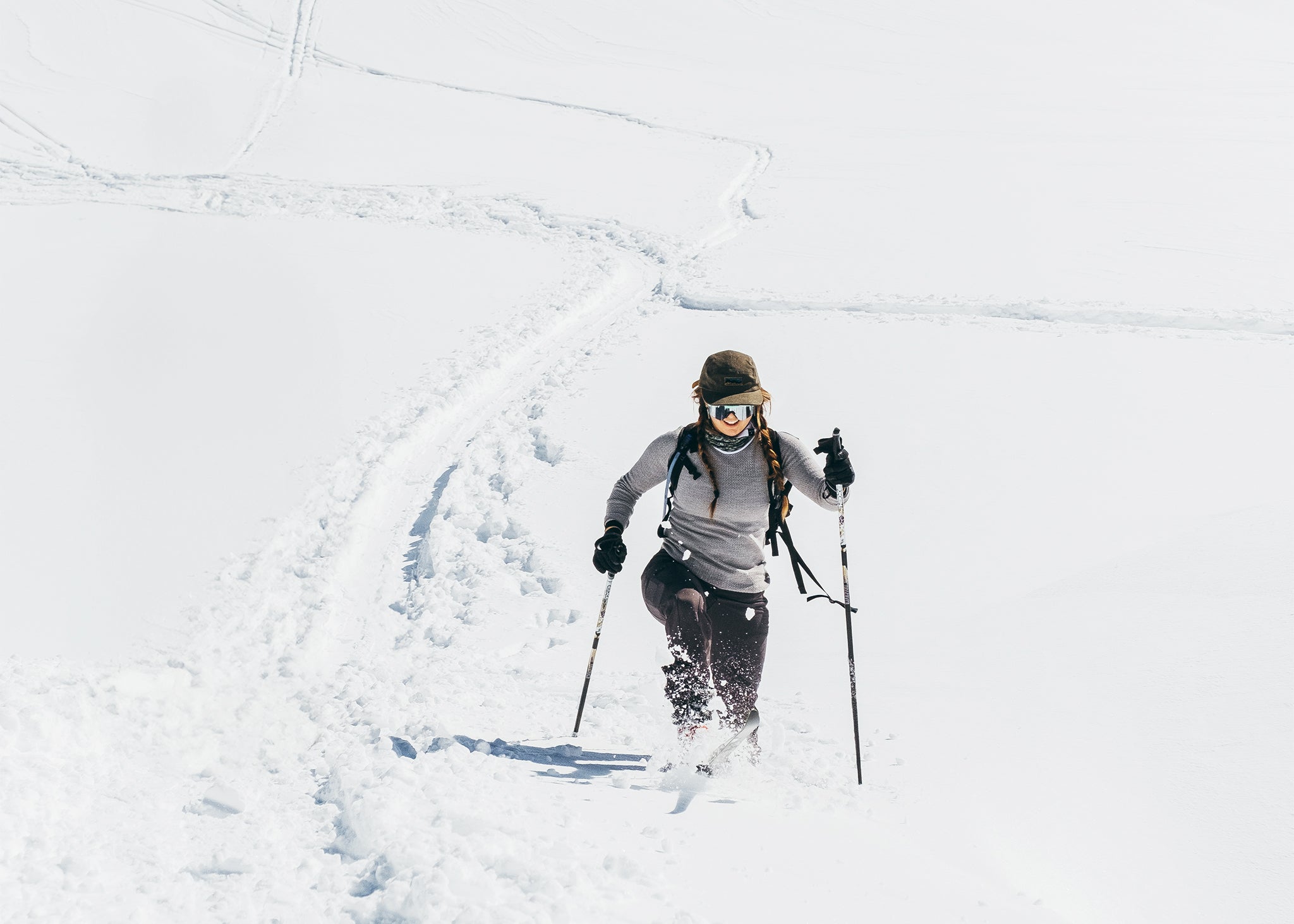 Backcountry skiier skinning at Mount Baker in the snow