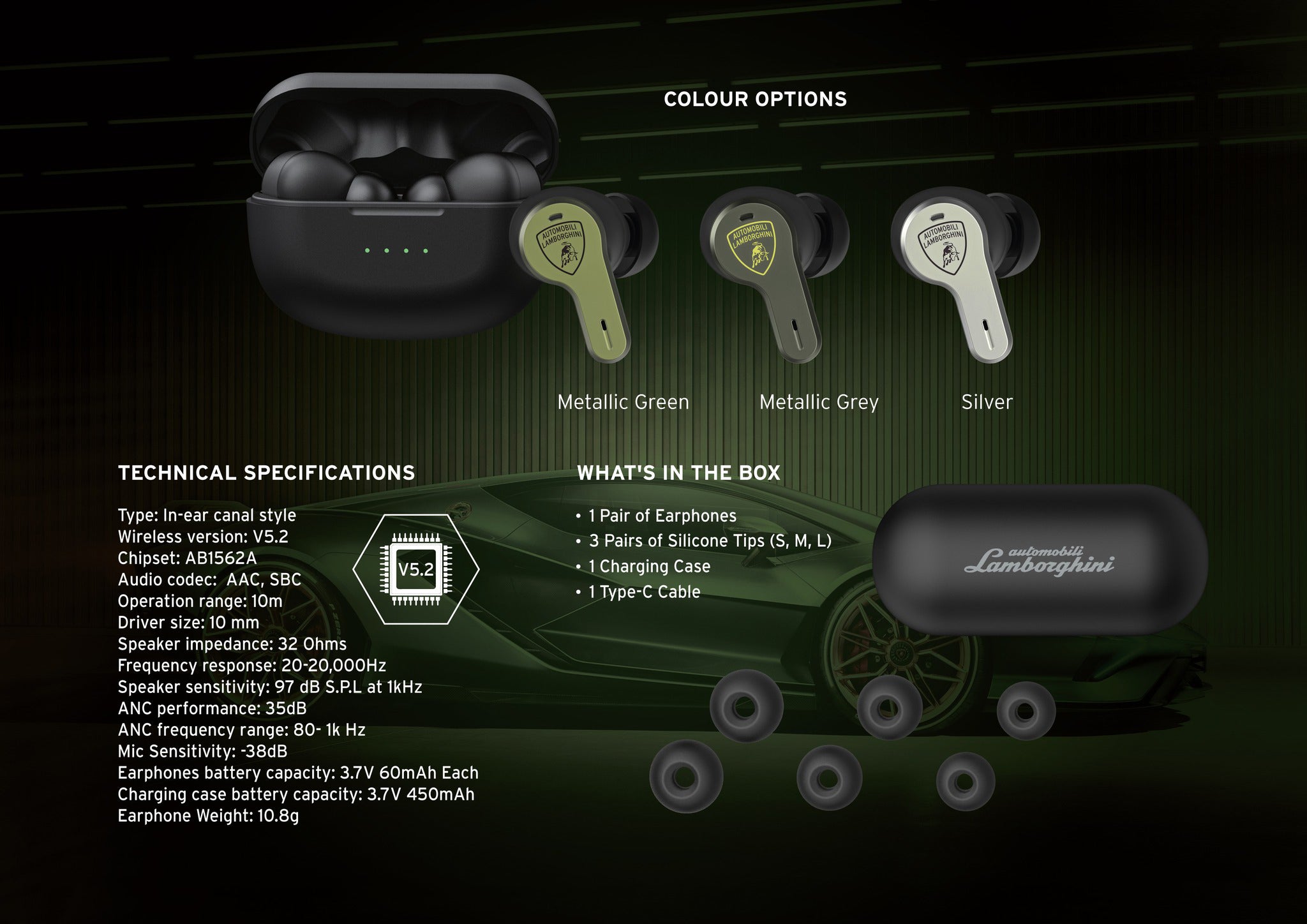 Lamborghini Hybrid Active Noise Cancellation True Wireless Earphones – Huracan IW04