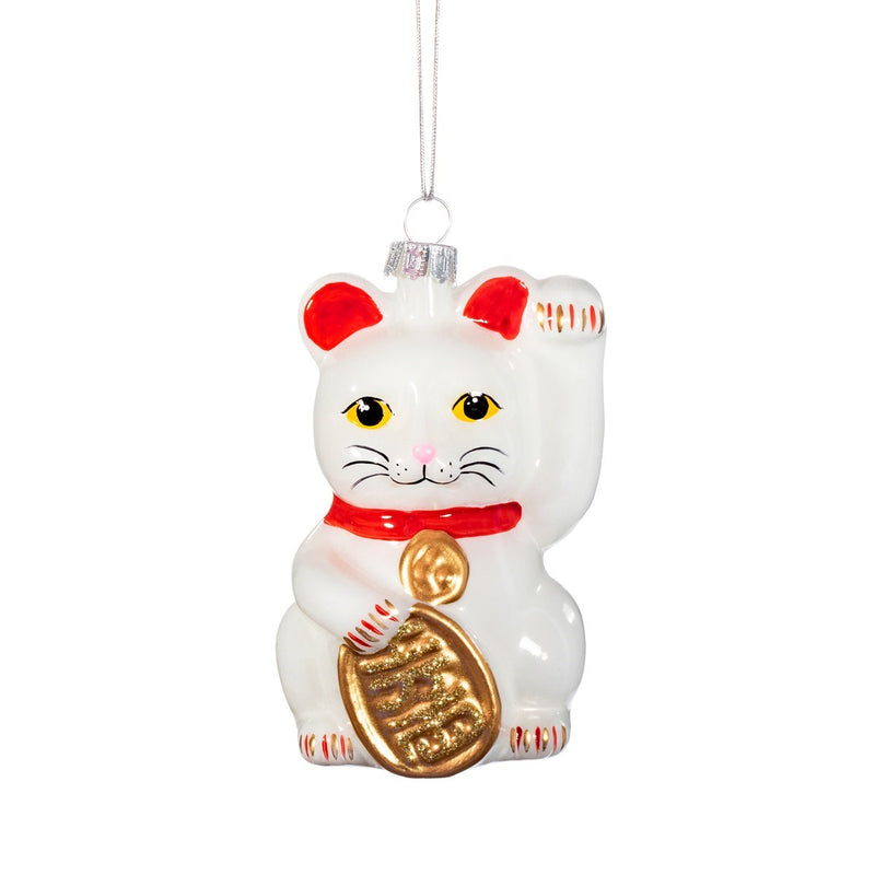Pre-Order Dispatch in Sept -White Lucky Cat With A koban Gold Coin Hanging Christmas Bauble
