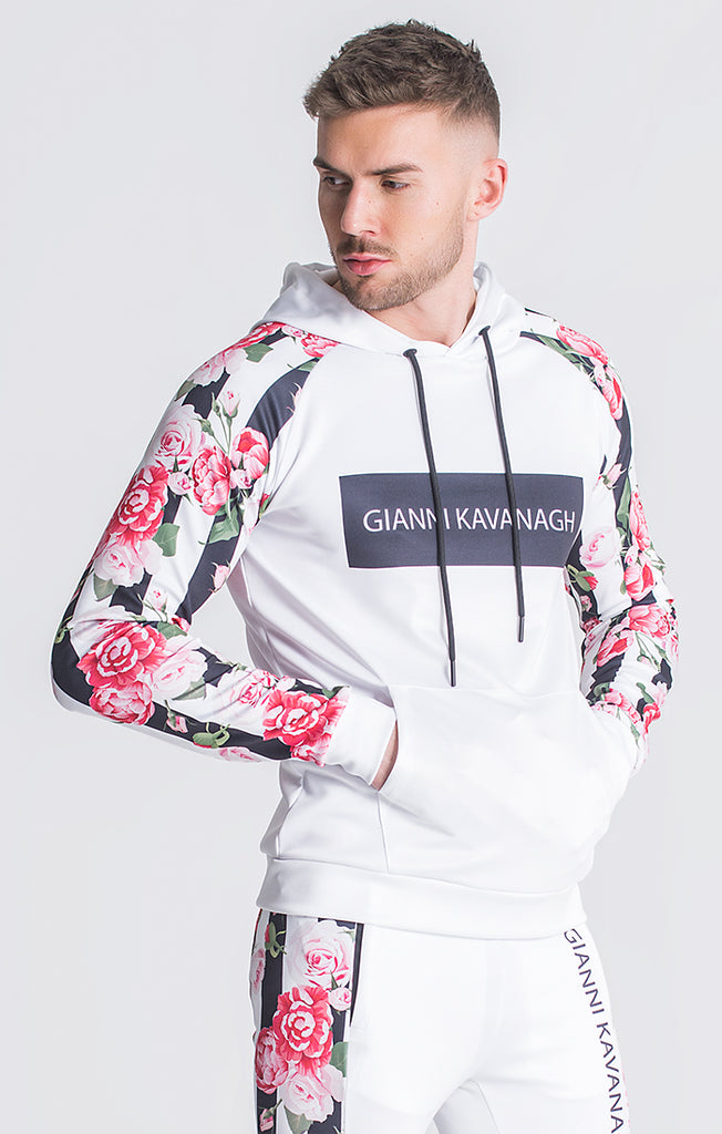 white hoodie with roses