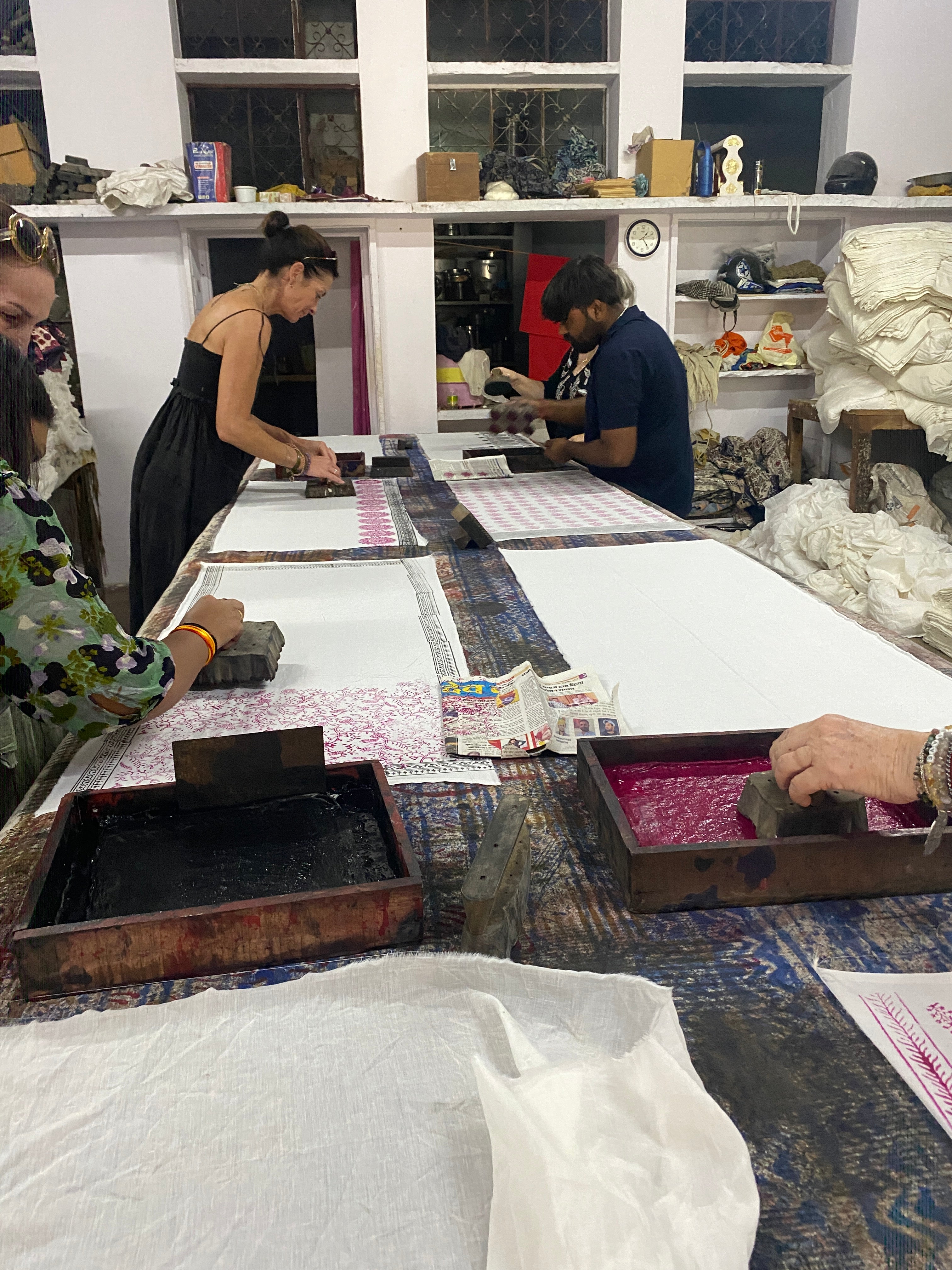 Guests trying their hand at traditional woodblock printing techniques