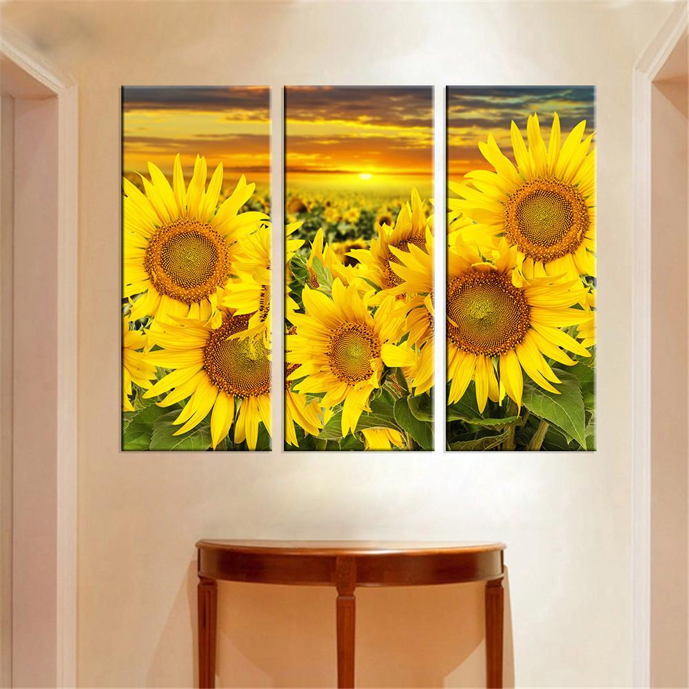 Sunflower Field, 3 Piece Canvas Wall Art Set, Yellow Floral Art for Wa