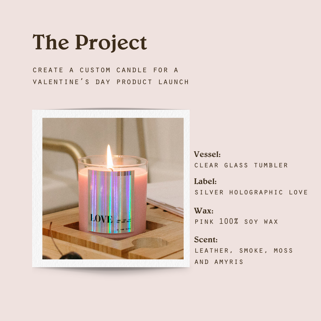 This pink custom candle with a holographic label is everything we love about Valentine’s Day. Click to learn how Standard Wax Studio brought this project to life! 