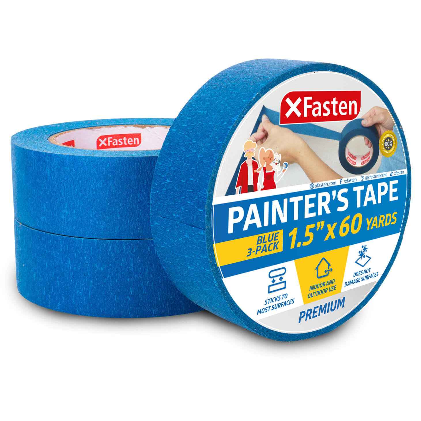 XFasten Professional Blue Painter's Tape | 1.5 Inch x 60 Yards | 3-Pack