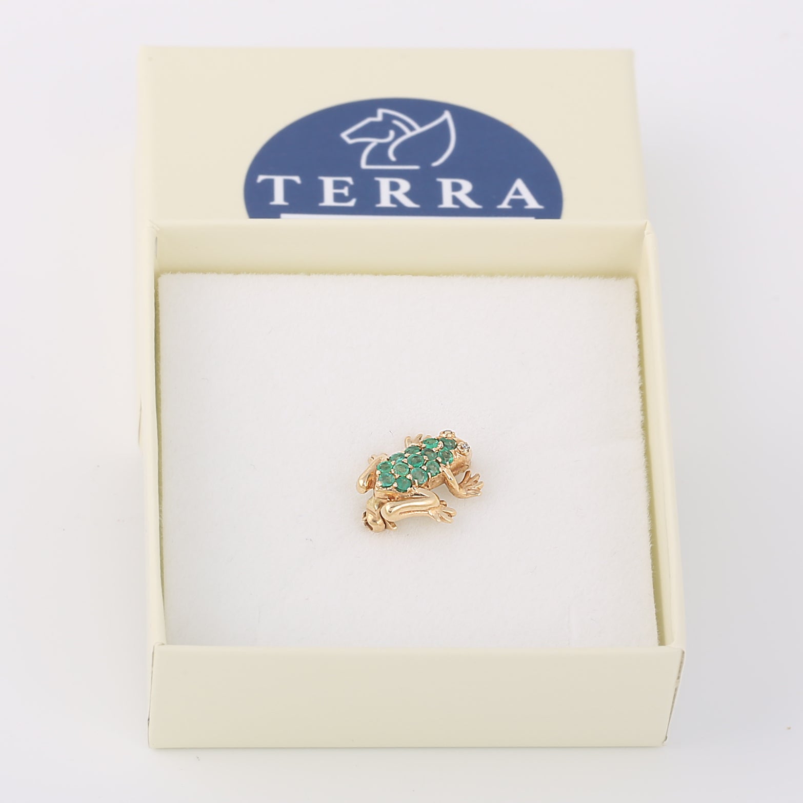 Vintage 14k yellow gold diamond and emerald frog pin brooch