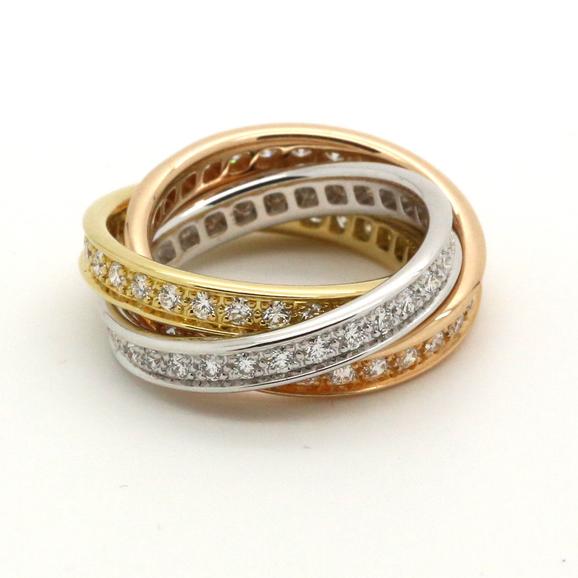 Cartier Trinity Diamond Band Ring in 18k White Yellow & Rose Gold with box.