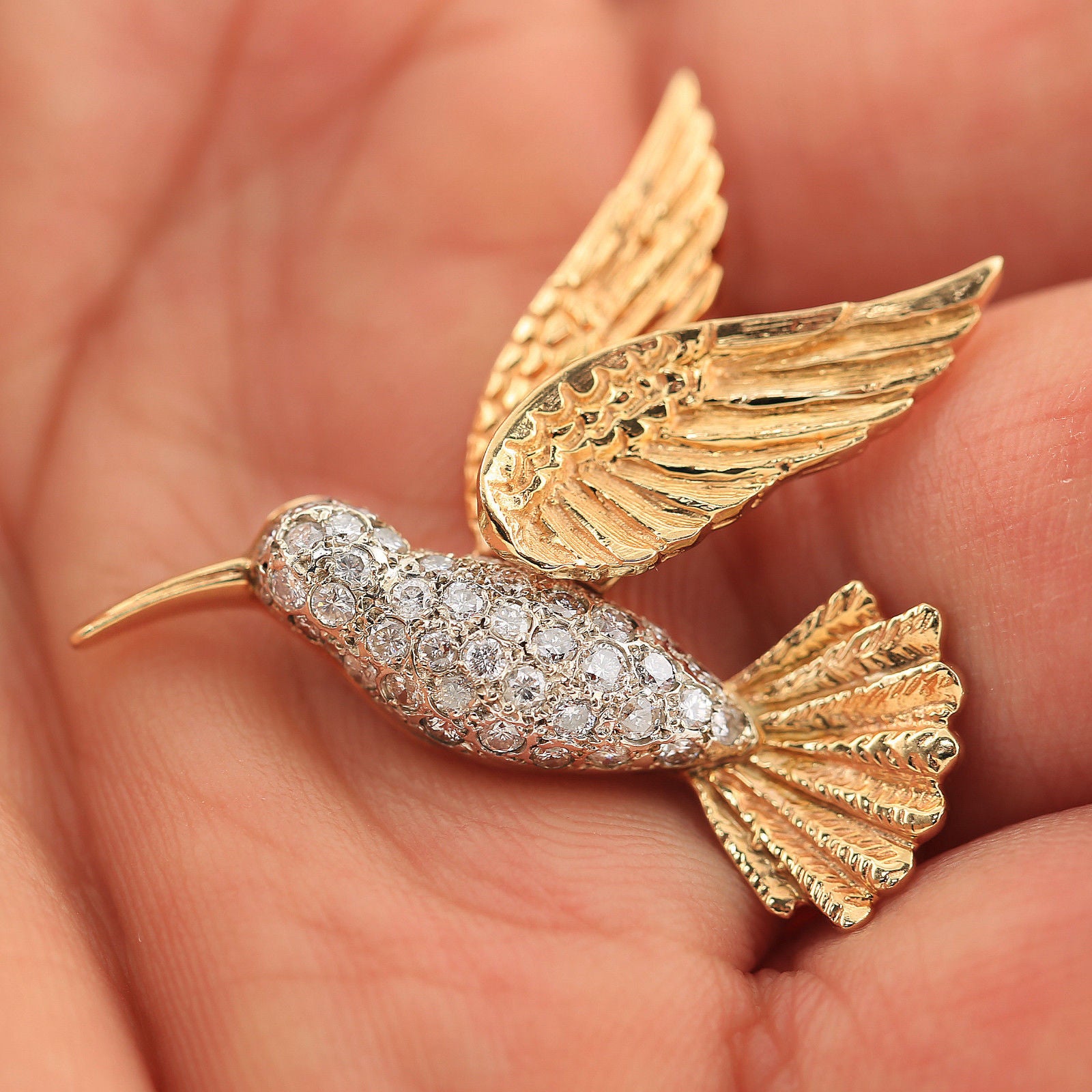 Antique vintage hummingbird brooch pin in 14k yellow and white gold with diamond