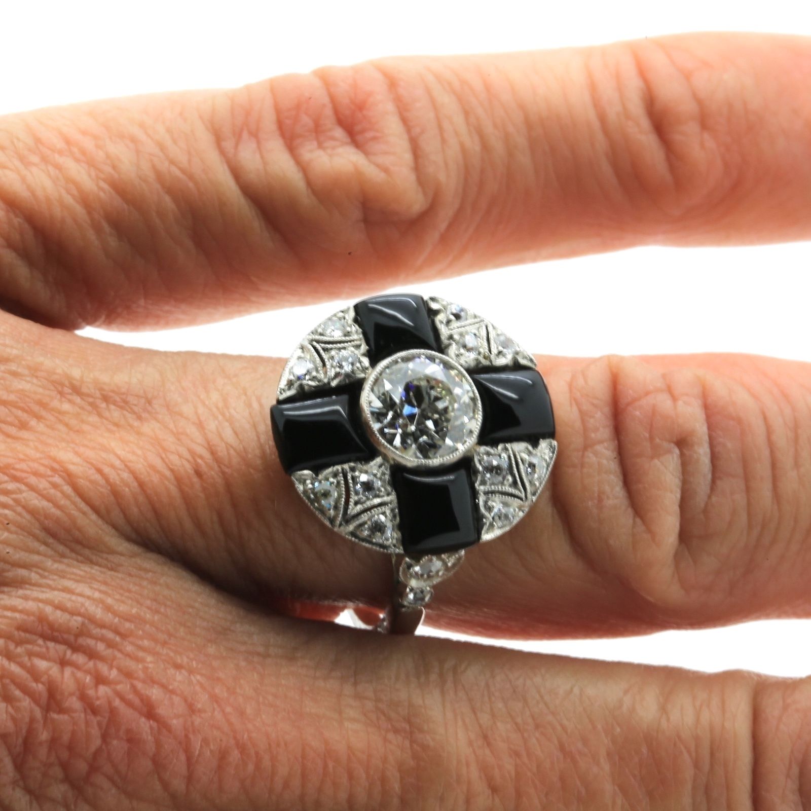 Antique Art Deco Cluster Ring in Platinum, 1.09 ct center Diamond & Onyx. EGL
