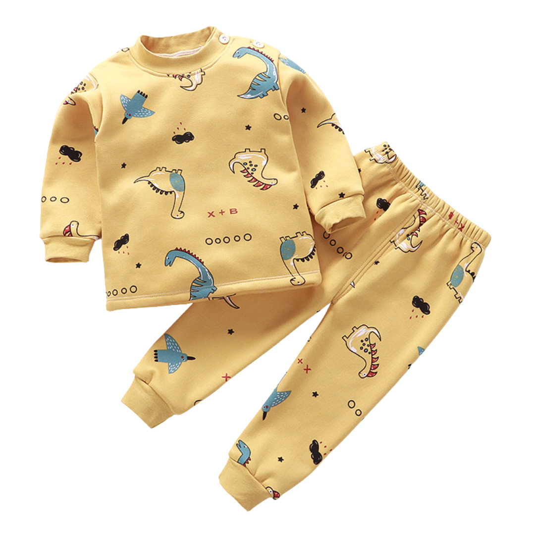 2 Pcs Cartoon Dino Drawing Print Winter Pajama Set