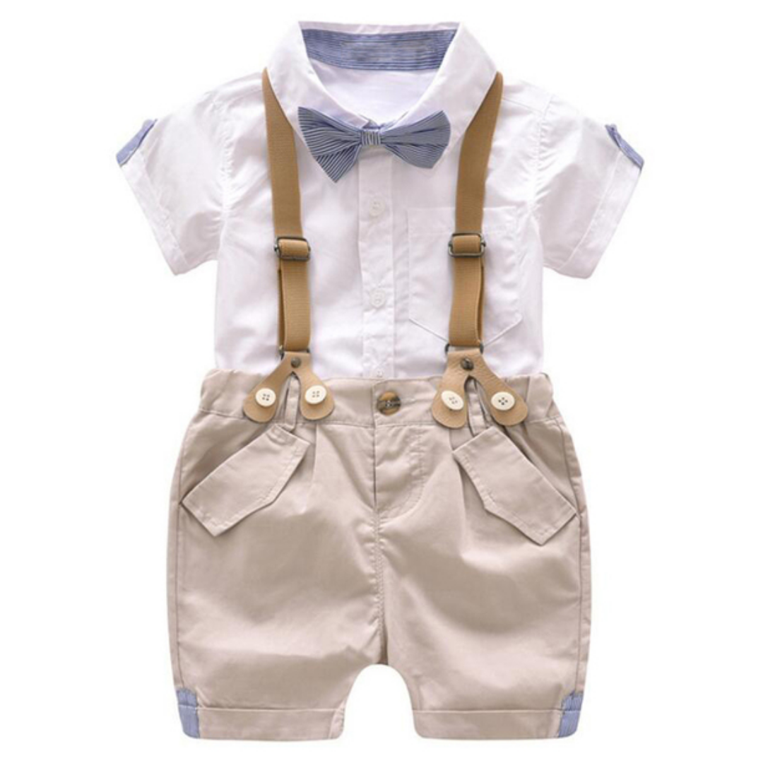 Blue Stripes Accent Boys Summer Top and Suspender Pants Set - Chubibi