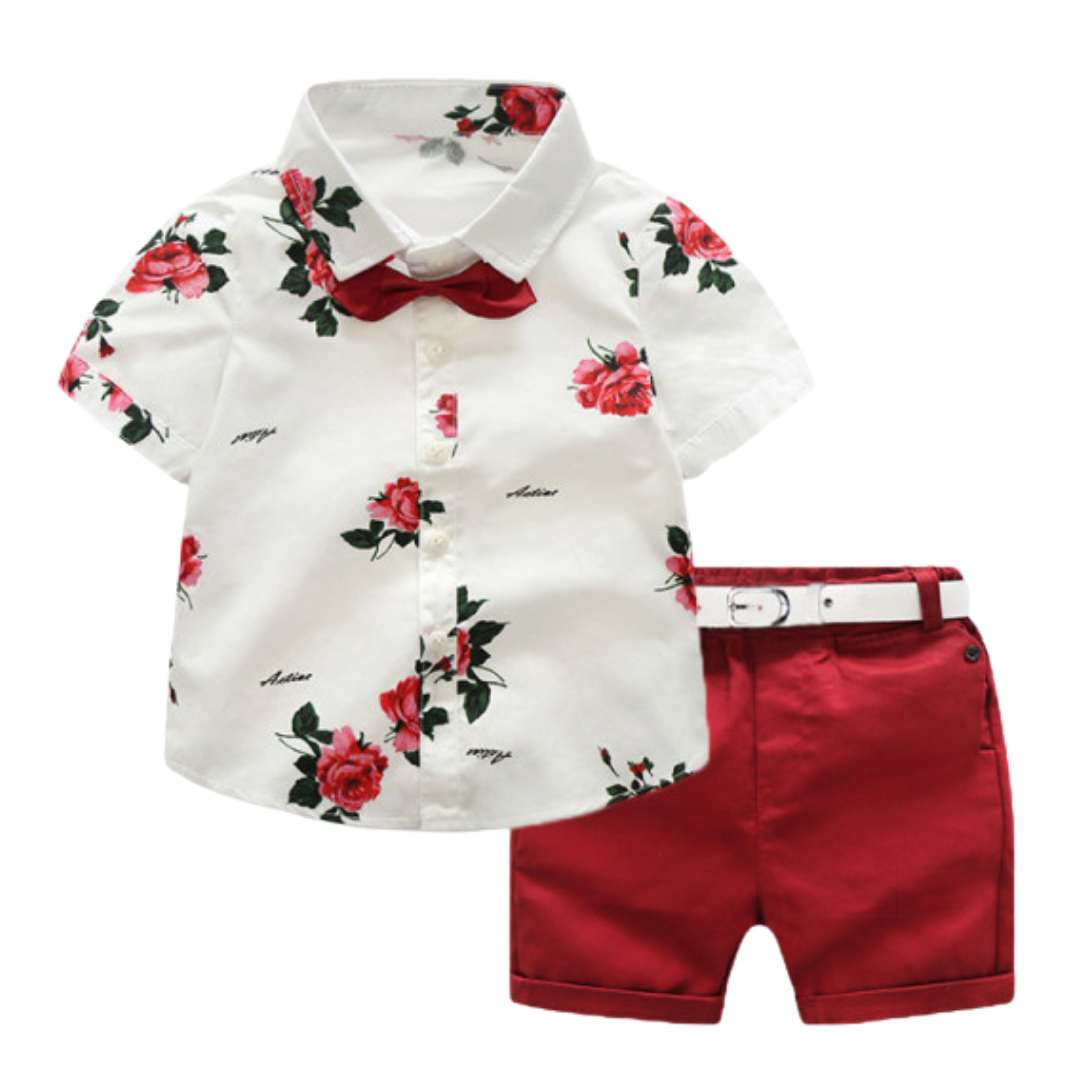 3 Pcs Rose Pattern Print Top and Shorts Boy Summer Semi Casual