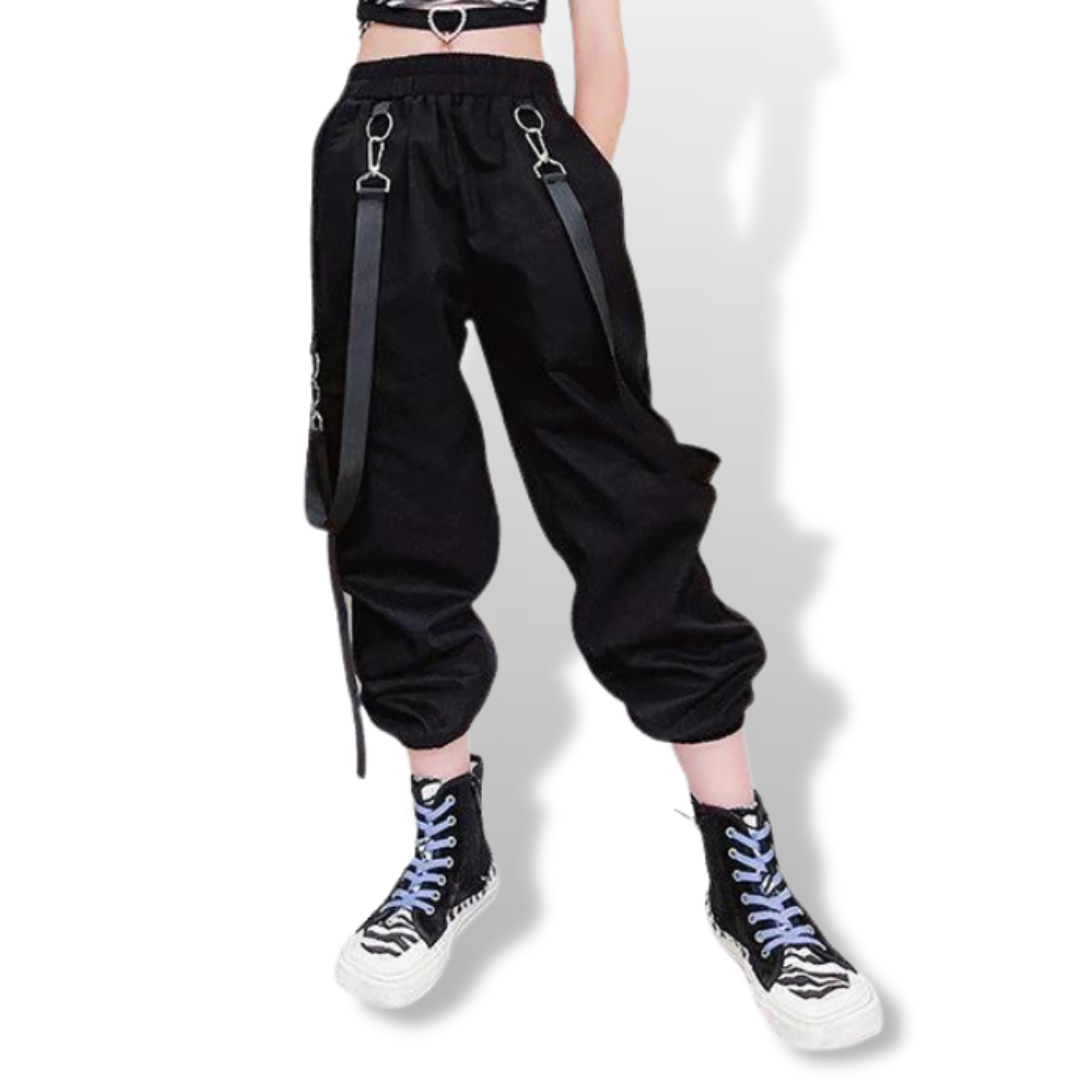 Solid Black Hip Hop Girl Street Fashion Teenage Cargo Pants - Chubibi