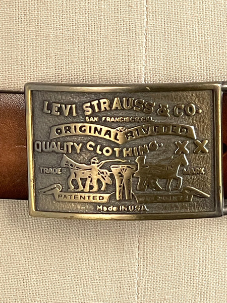 LEVIS STRAUS 70s Leather Belt with Bronze Buckle, Size 34