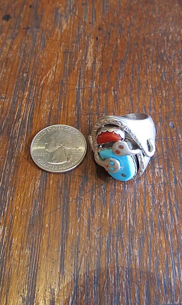 SNAKE CHARMER Zuni Silver, Turquoise, and Coral Chunky Mens Ring, Sz 11 1/4