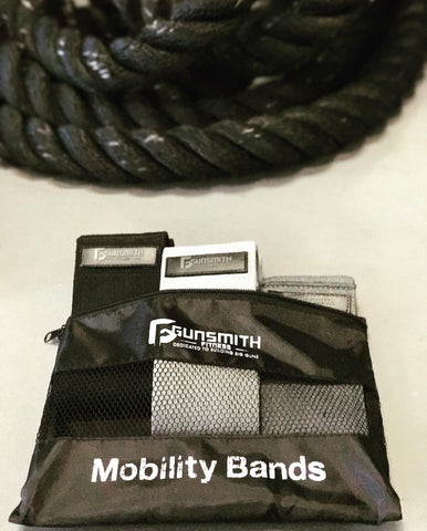 Detailed close-up capturing the Gunsmith Mobility Bands snugly stored in their pouch, showcasing the convenient and compact packaging of these versatile fitness accessories.