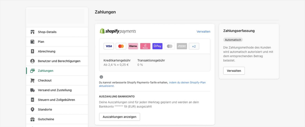 Shopify Payments in Shopify Einstellungen