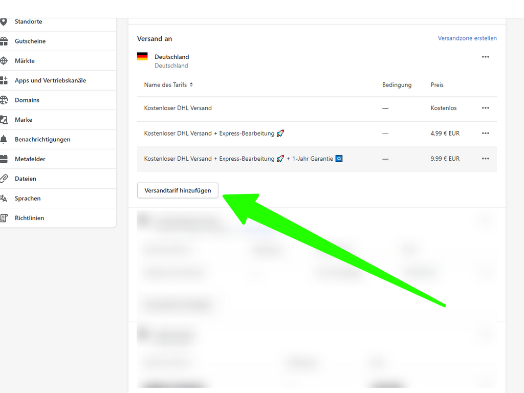 Shopify Versandtarife anlegen