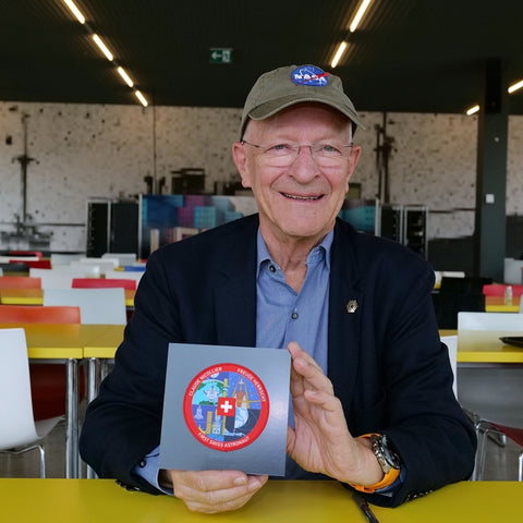 Claude Nicollier with his 30th anniversary patch, deisgned by Been In Space