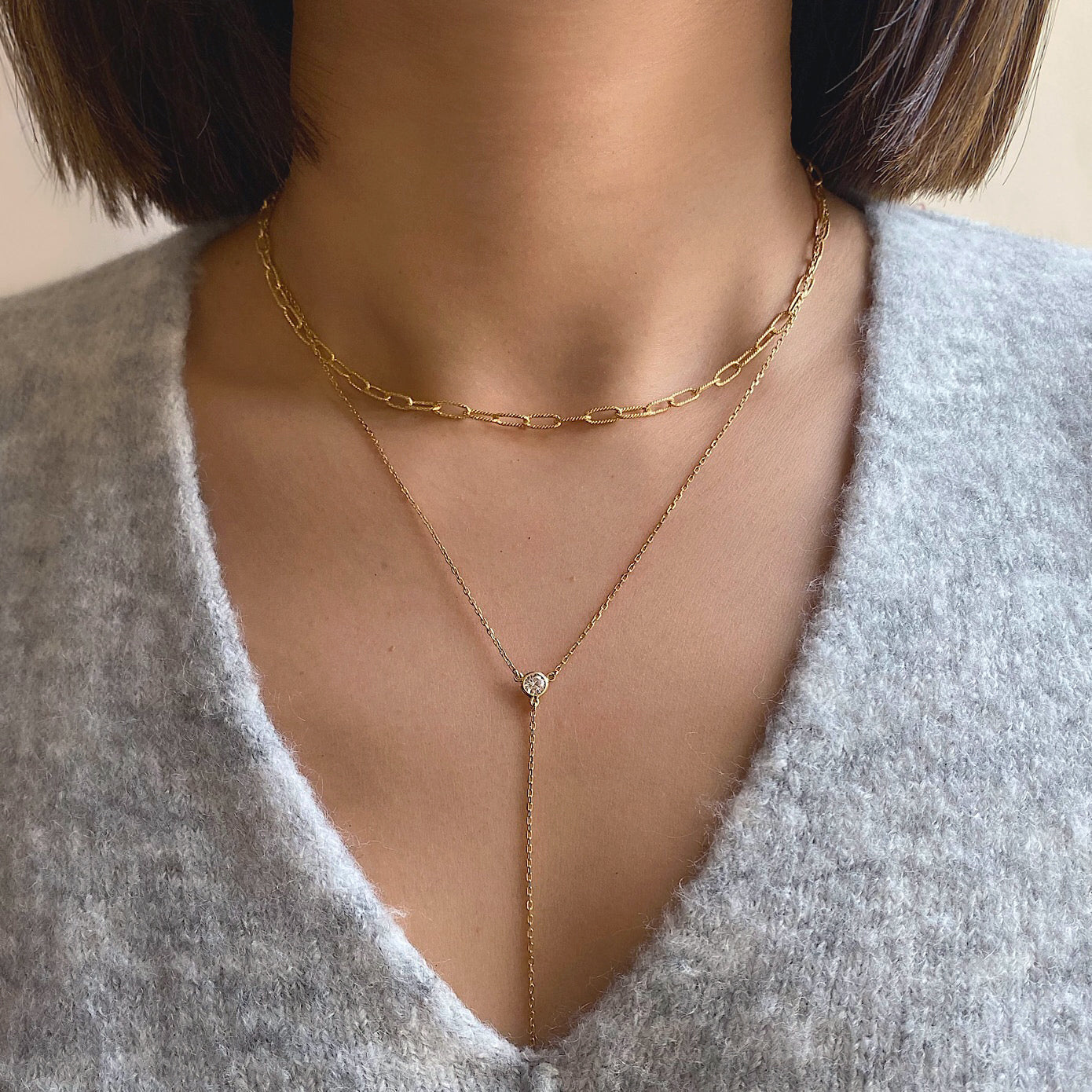 Gold Crystal Y Lariat Necklace Minimal Dainty Jewelry Amyo Jewelry