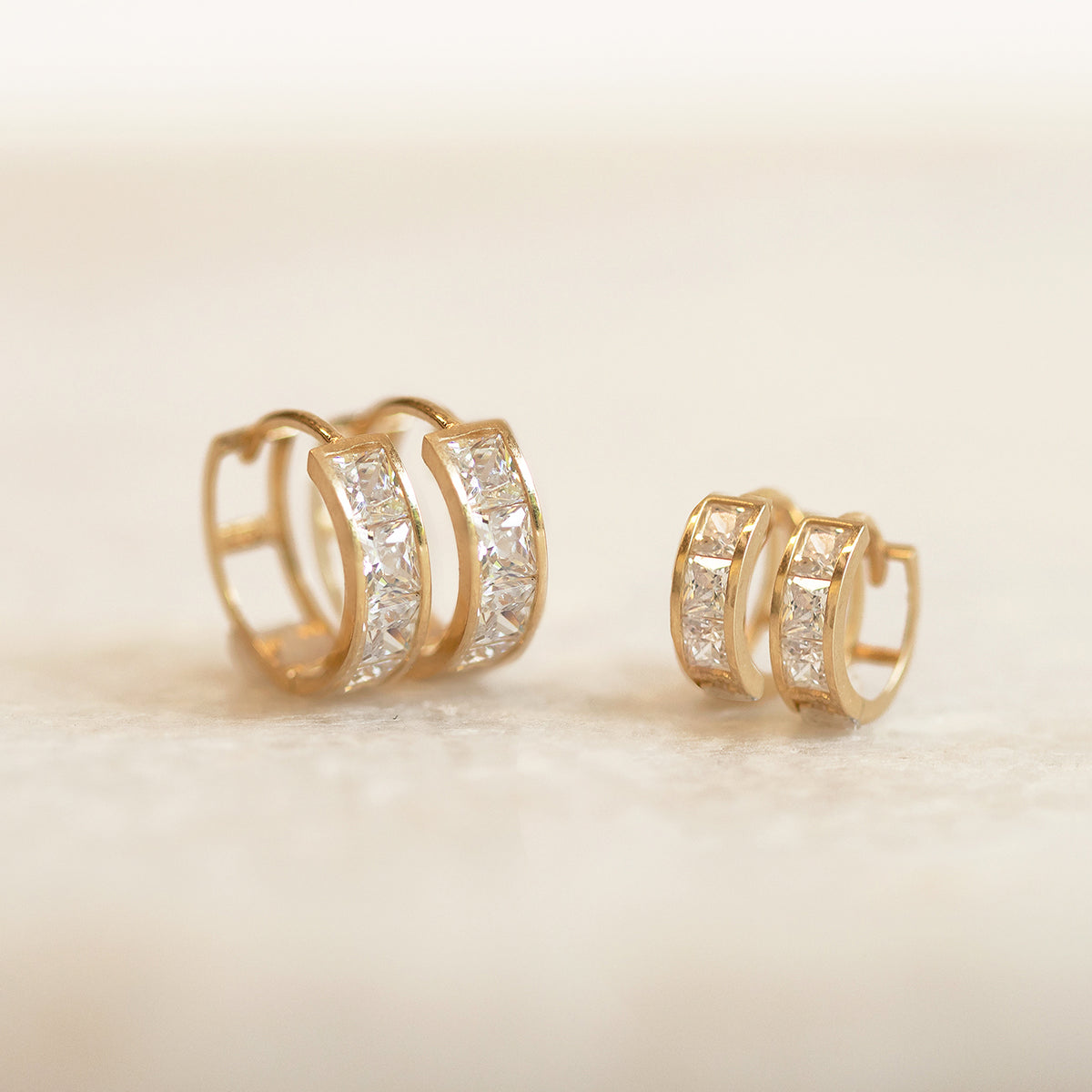 14K Gold Huggie Earrings, Princess Cut White Sapphire – AMYO Jewelry