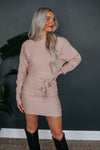 Belted Ribbed Sweater Dolman Sleeves Short Bateau Neck Bodycon Dress