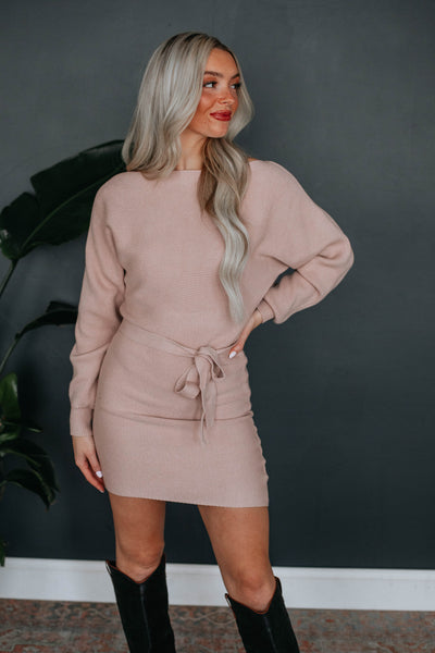Bateau Neck Sweater Ribbed Belted Dolman Sleeves Short Bodycon Dress