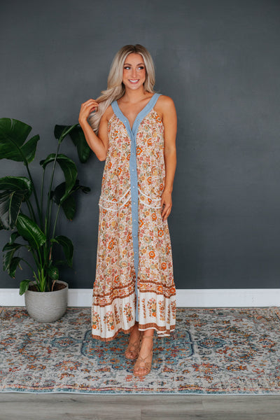 V-neck Floral Print Pocketed Button Front Sleeveless Maxi Dress