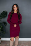 Round Neck Sweater Ribbed Fitted Puff Sleeves Sleeves Midi Dress