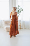Smocked Sweetheart Spaghetti Strap Rayon Flowy Cutout Pocketed Tiered Button Front Maxi Dress With Ruffles