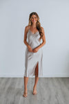 V-neck Spaghetti Strap Side Zipper Fitted Slit Lace Trim Midi Dress