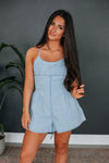 Square Neck Flowy Pocketed Back Zipper Pleated Fitted Spaghetti Strap Short Romper