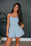 Short Spaghetti Strap Square Neck Back Zipper Flowy Fitted Pleated Pocketed Romper