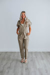 Collared Short Pocketed Drawstring Jumpsuit