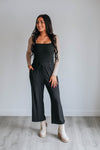 Square Neck Thick Straps Pocketed Ribbed Drawstring Jumpsuit
