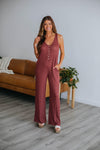 Scoop Neck Pocketed Button Front Ribbed Two-Toned Print Jumpsuit