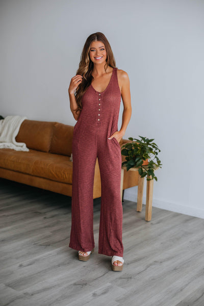 Two-Toned Print Scoop Neck Ribbed Button Front Pocketed Jumpsuit