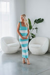 Striped Print Colorblocking Fitted Slit Ribbed Square Neck Sweater Maxi Dress