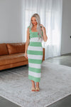 Colorblocking Ribbed Slit Fitted Square Neck Sweater Striped Print Maxi Dress