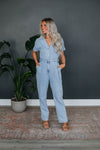 Collared Button Front Belted Pocketed Short Sleeves Sleeves Dropped Shoulder Elasticized Waistline Jumpsuit