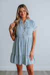 A-line Collared Short Striped Print Lyocell Button Front Pocketed Dress With Ruffles