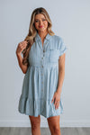 A-line Short Collared Striped Print Pocketed Button Front Lyocell Dress With Ruffles