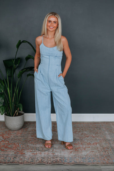 Square Neck Spaghetti Strap Pleated Fitted Back Zipper Pocketed Jumpsuit