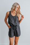 Scoop Neck Button Front Pocketed Drawstring Sleeveless Romper